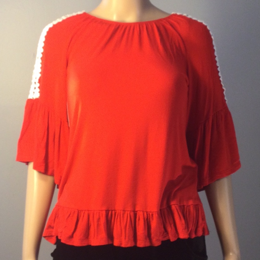 SOLUS VERY STRETCHY RED BELL-SLEEVE RUFFLED TOP